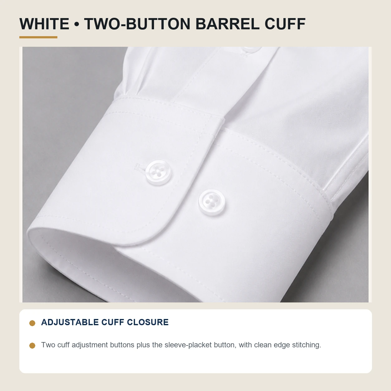 White dress shirt adjustable two-button barrel cuff
