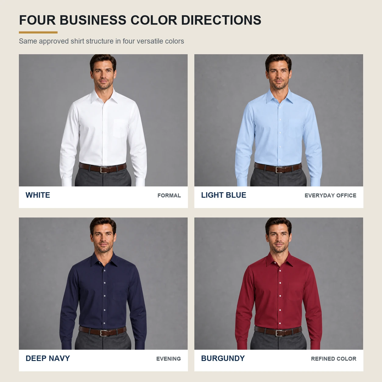 White Light Blue Deep Navy and Burgundy dress shirt styling directions