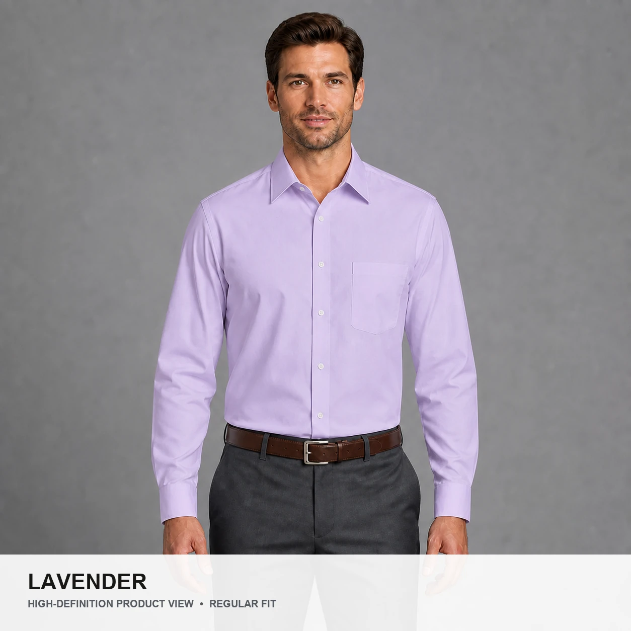 Male model wearing the Lavender regular fit poplin dress shirt