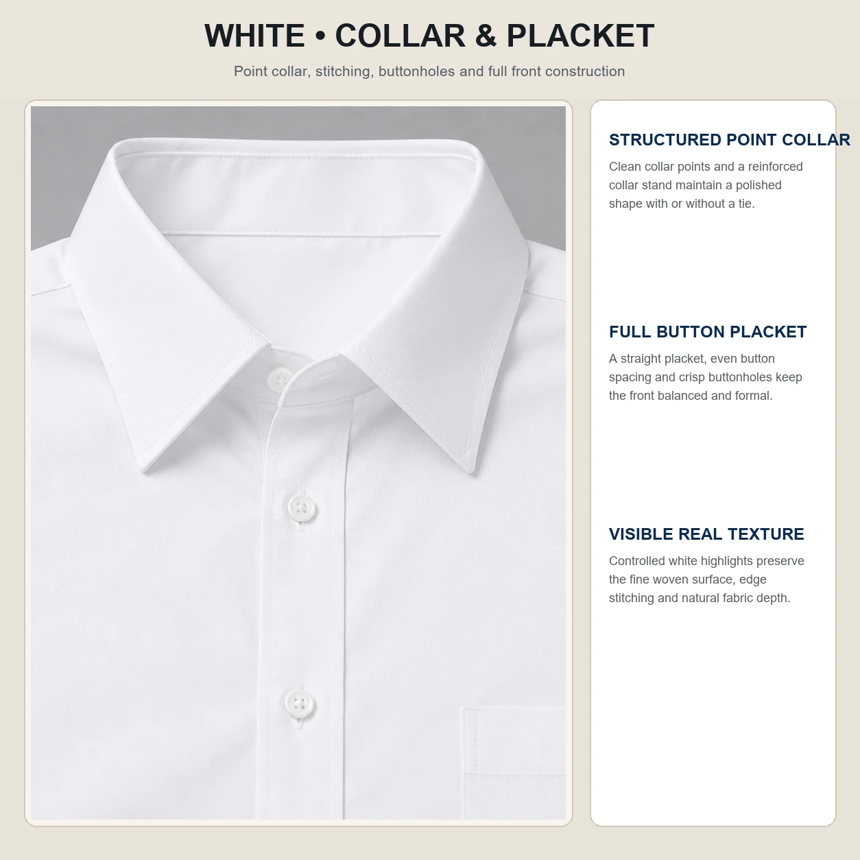 White dress shirt structured point collar and full button placket