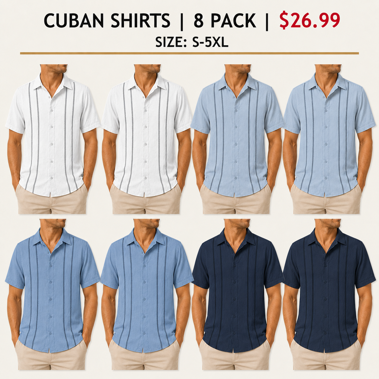 Men's Cuban Guayabera Short Sleeve Shirts - 8 & 16 Pack