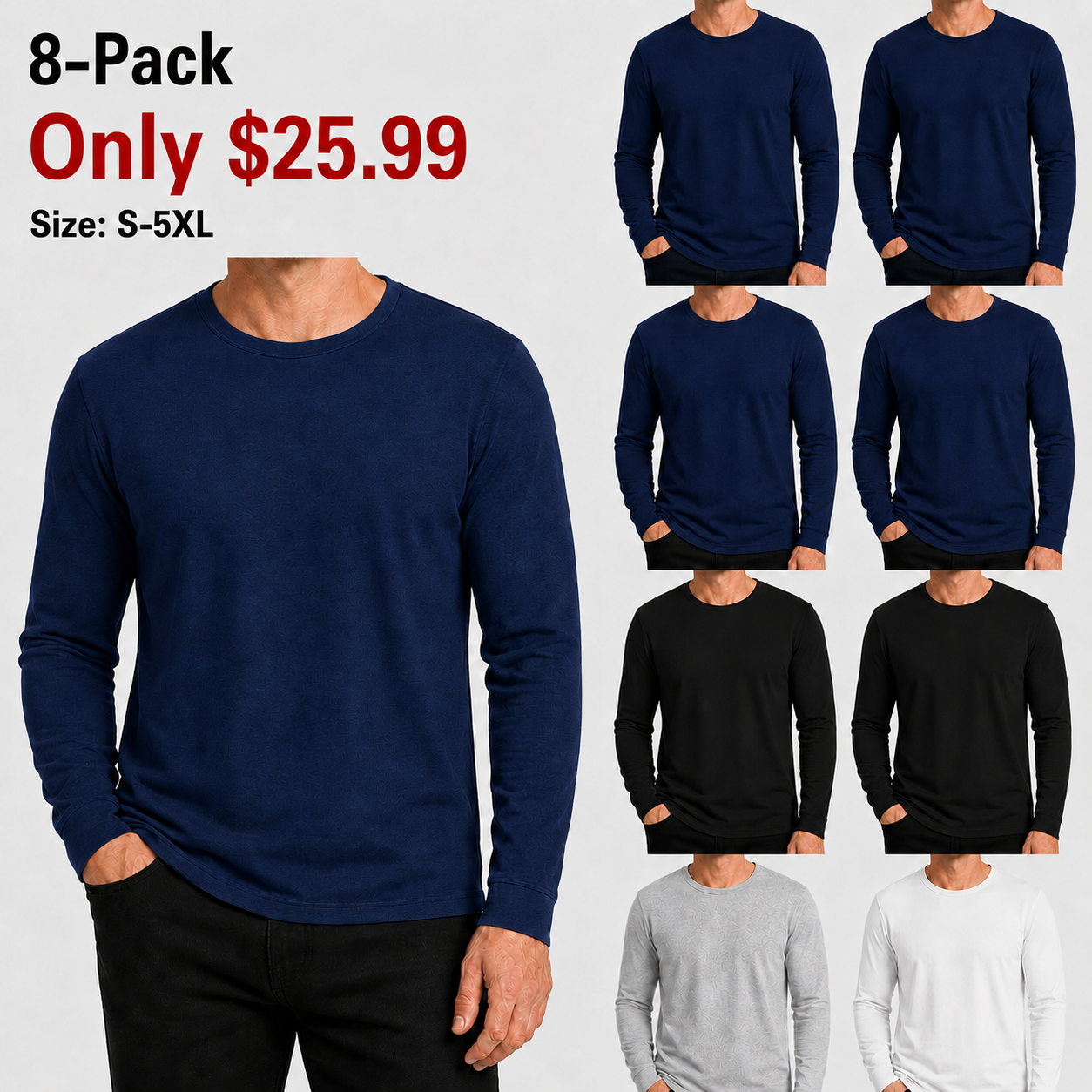 Men's Cotton-Blend Long Sleeve Crew Neck T-Shirts - 8 & 16 Pack