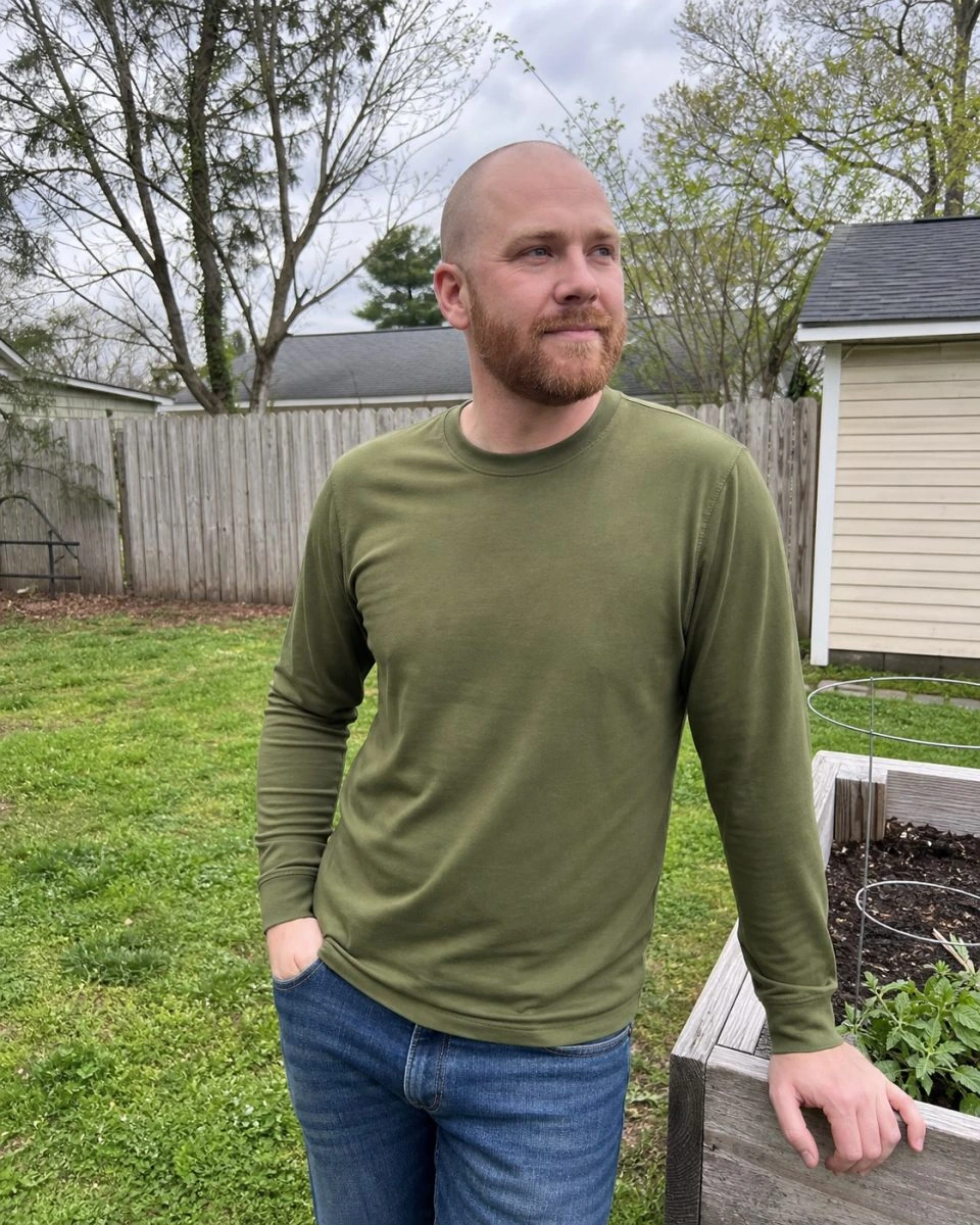 Customer photo of a man wearing an olive long-sleeve crew neck T-shirt with jeans in a backyard.