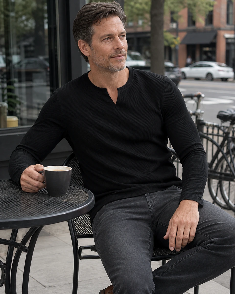 Customer-style photo of a man wearing a black ribbed split V-neck shirt at a neighborhood cafe.