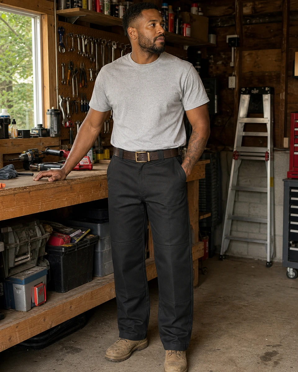 Customer-style photo of a man wearing black double-knee work pants in a home garage workshop.