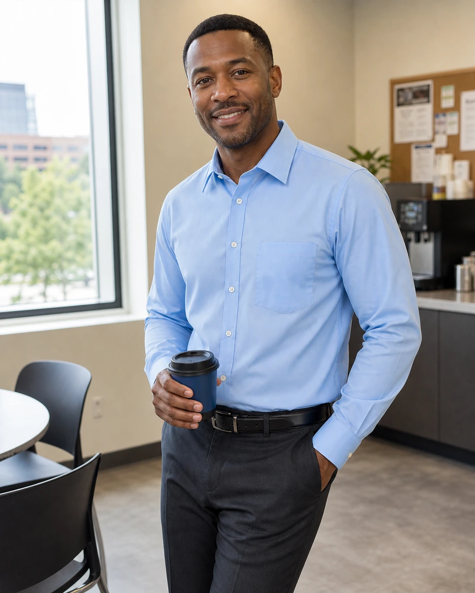 Customer-style office photo of a man wearing a light-blue regular-fit poplin dress shirt.