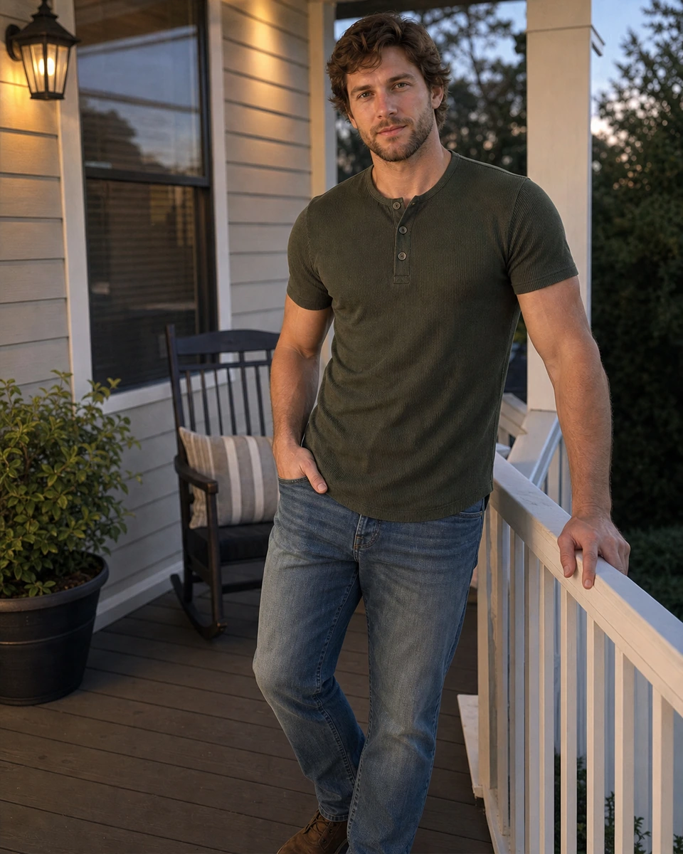 Customer-style photo of a man wearing a deep-olive three-button ribbed Henley on a front porch.