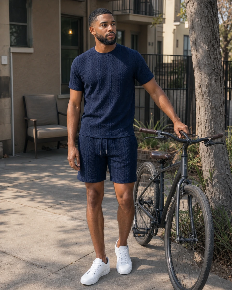Customer-style photo of a man wearing a navy cable-textured tee and drawstring shorts set beside a bicycle.