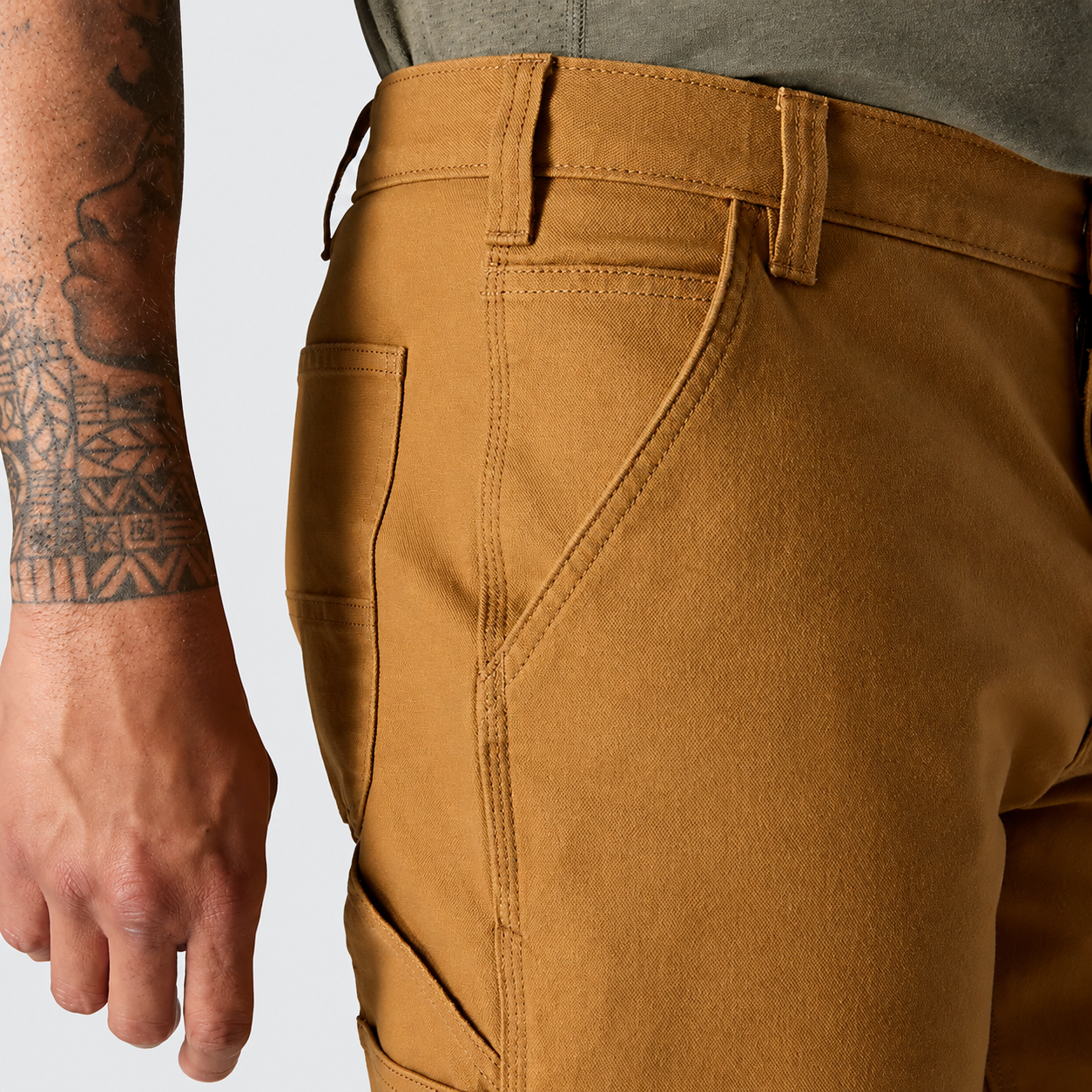 Front pocket and tool-pocket construction close-up