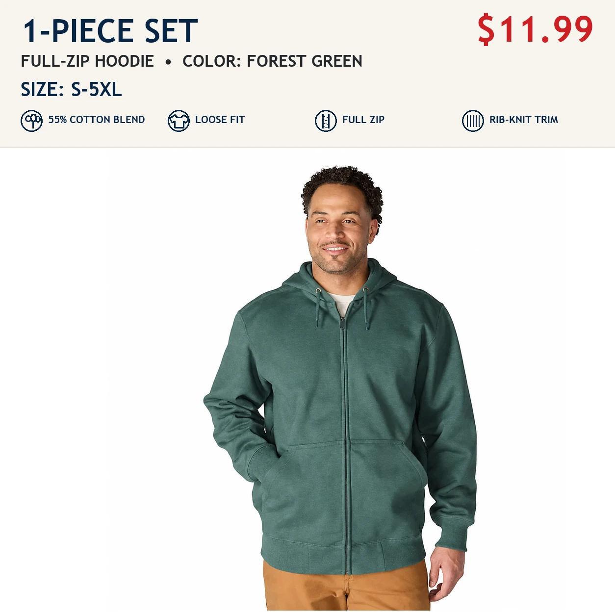 Forest Green single men's loose-fit full-zip hoodie