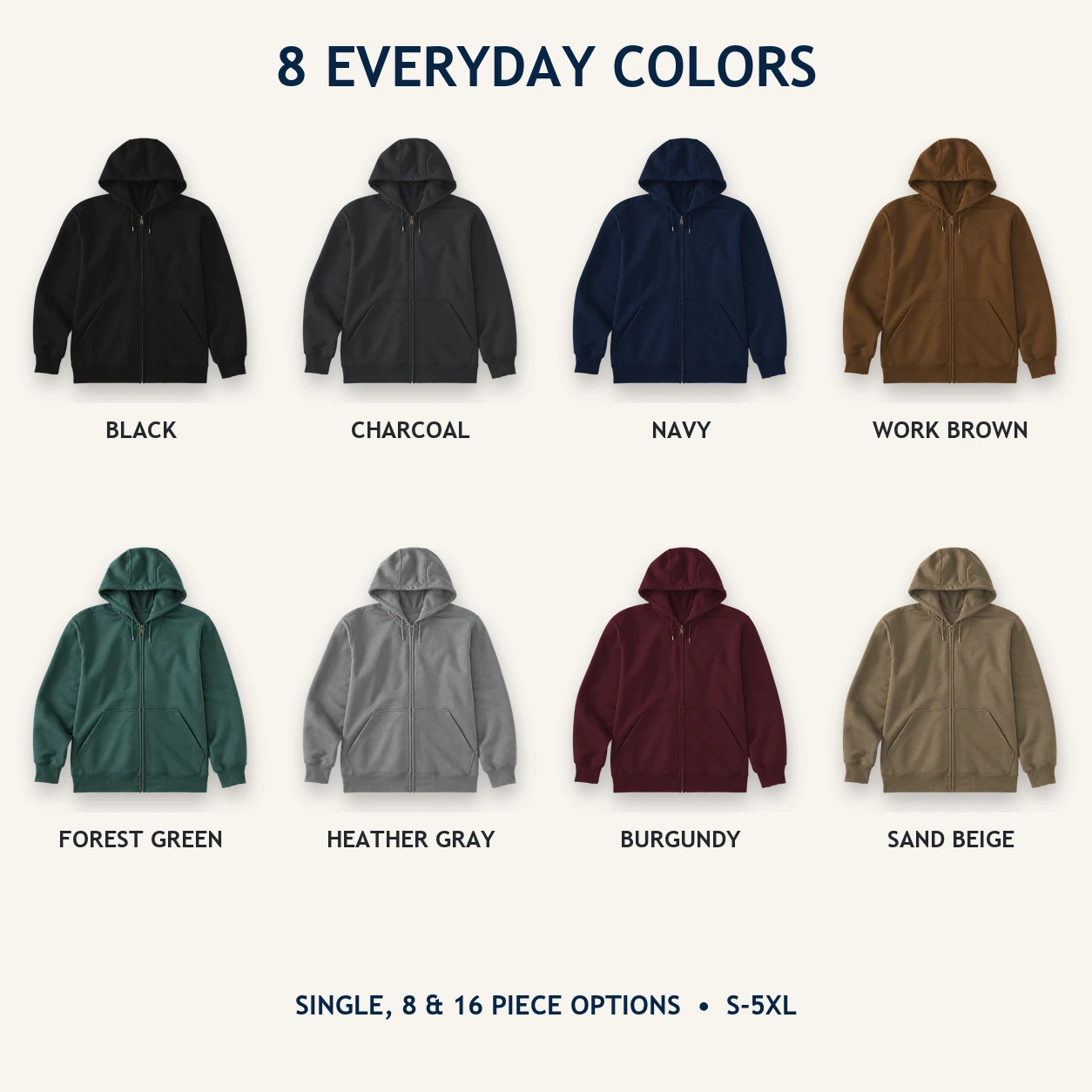 Eight available colors of men's full-zip hooded sweatshirts