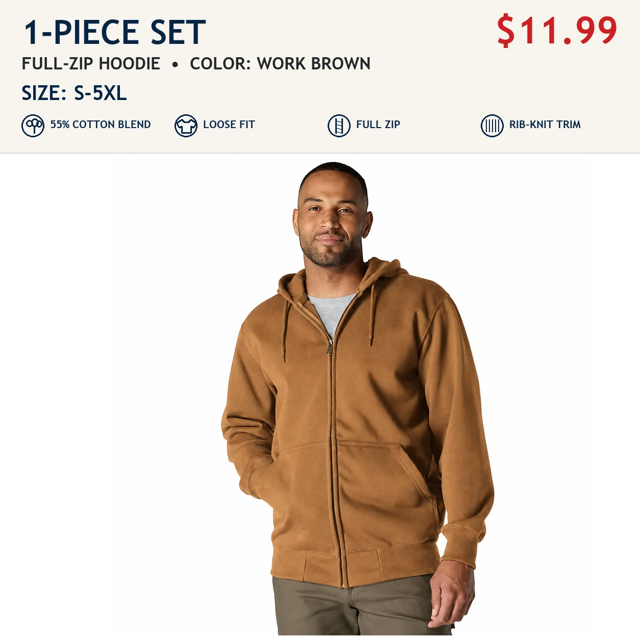 Work Brown single men's loose-fit full-zip hoodie