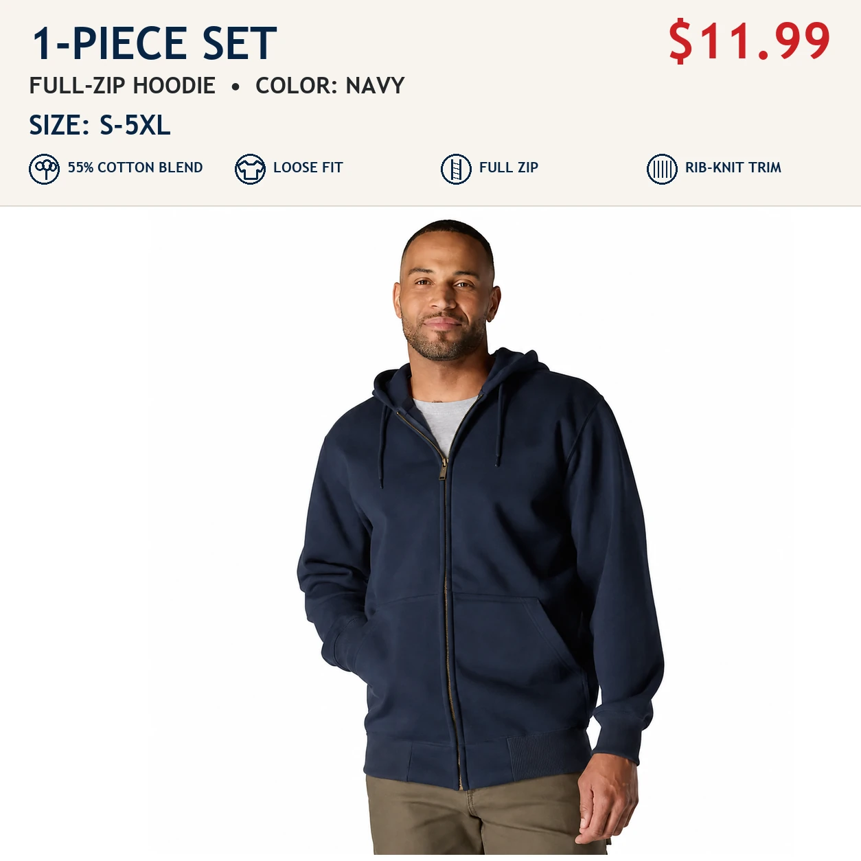Navy single men's loose-fit full-zip hoodie