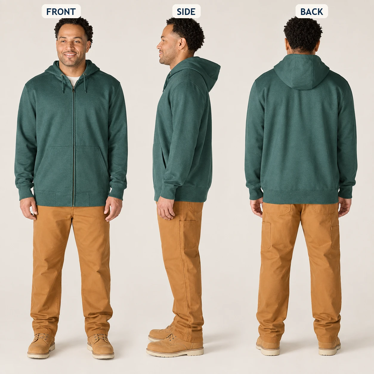 Front side and back model views of the Forest Green full-zip hoodie
