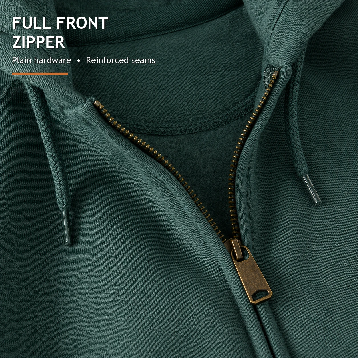 Forest Green full front zipper and reinforced seams