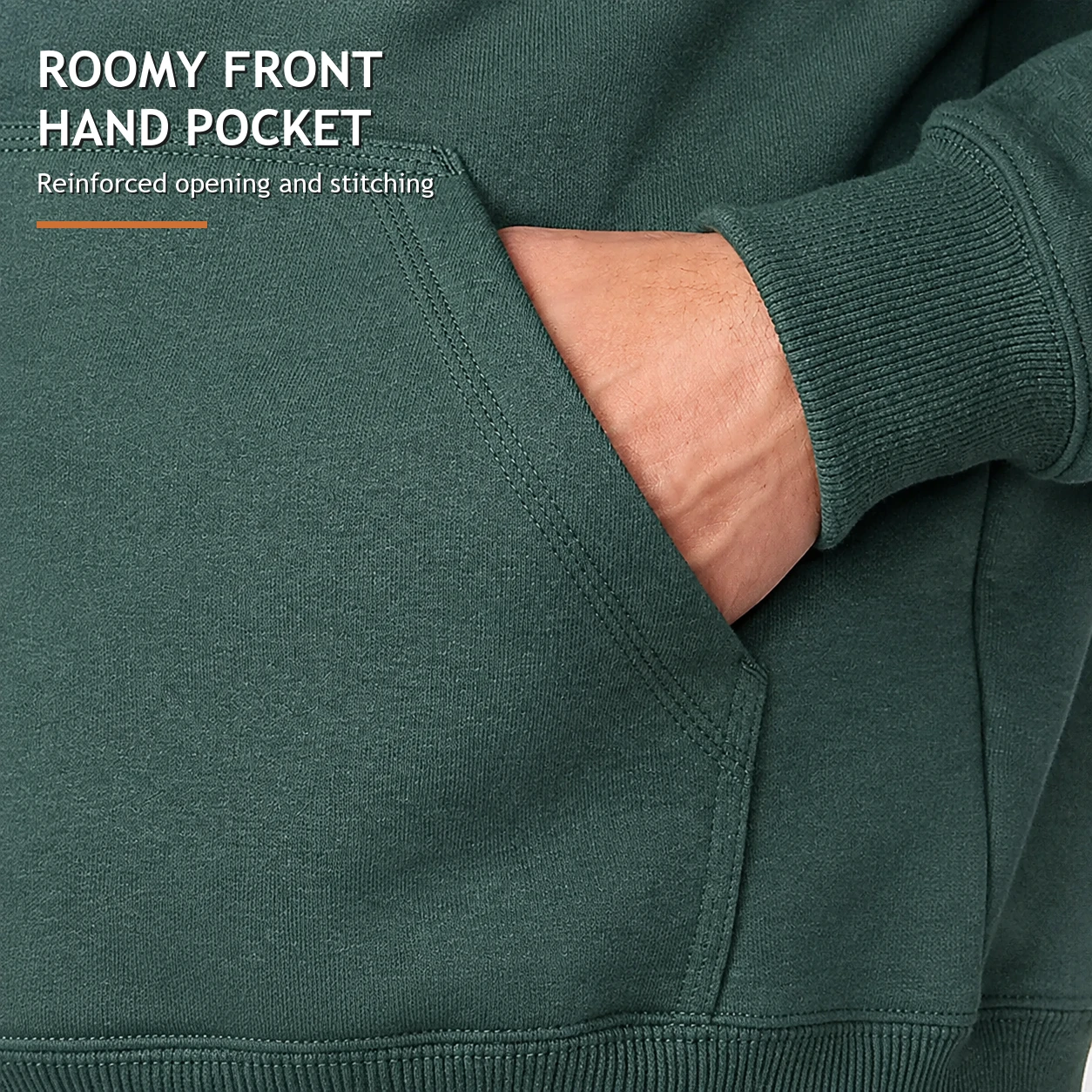 Forest Green front hand pocket opening and stitching