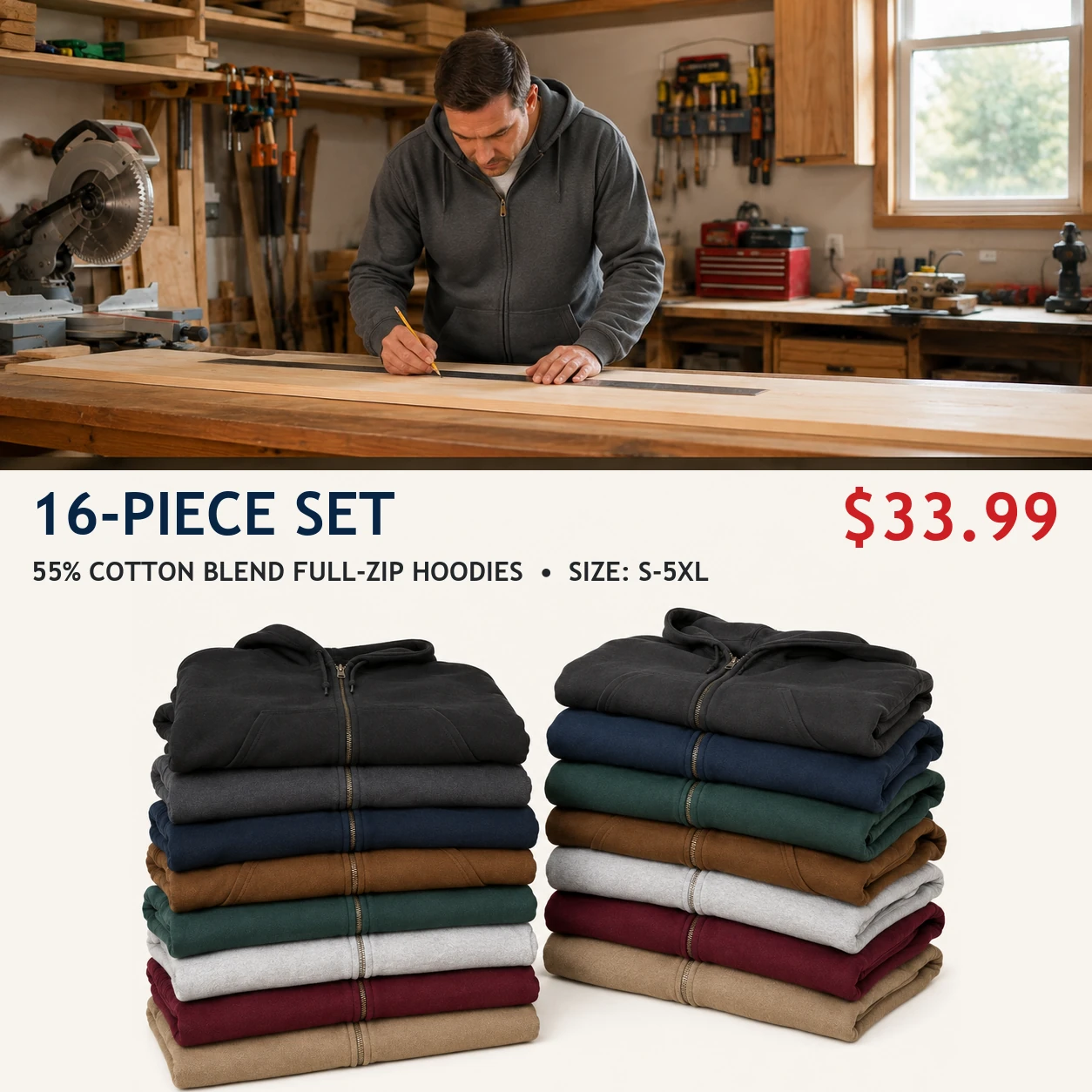 Sixteen-piece men's loose-fit full-zip hoodie set with two of each color