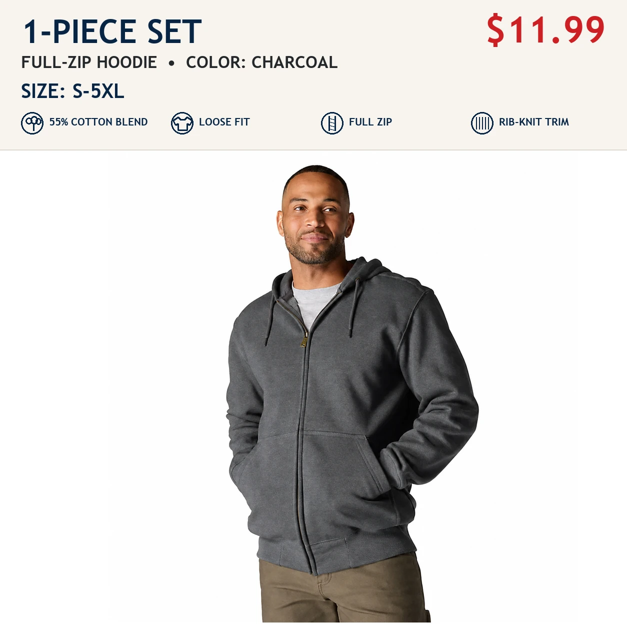 Charcoal single men's loose-fit full-zip hoodie