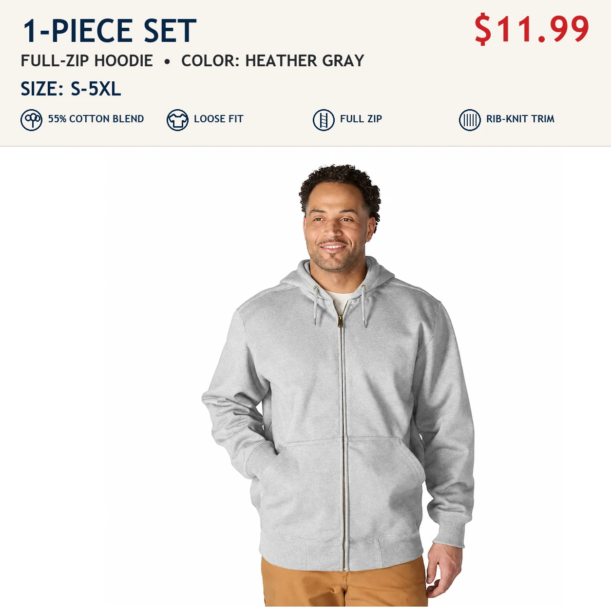 Heather Gray single men's loose-fit full-zip hoodie