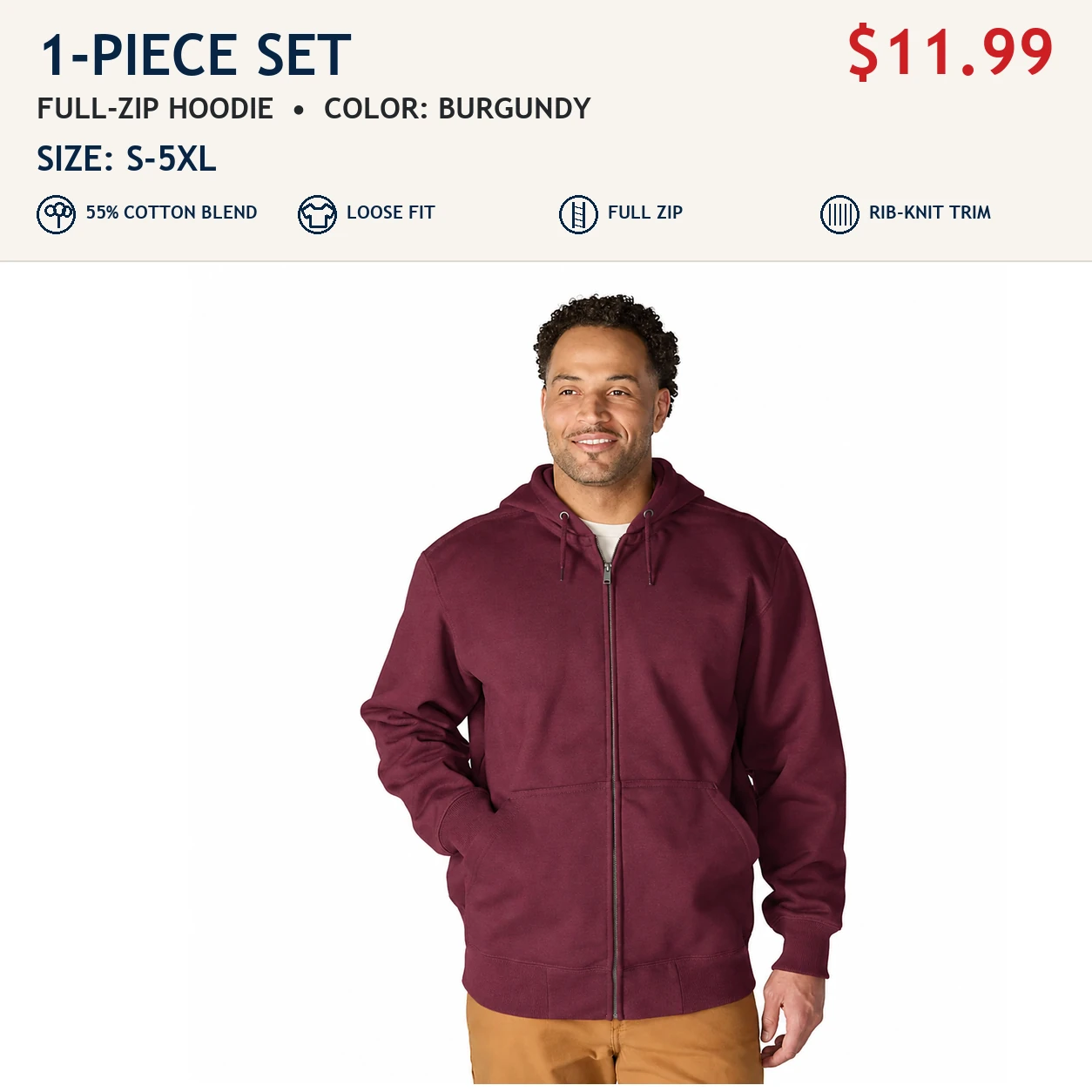 Burgundy single men's loose-fit full-zip hoodie