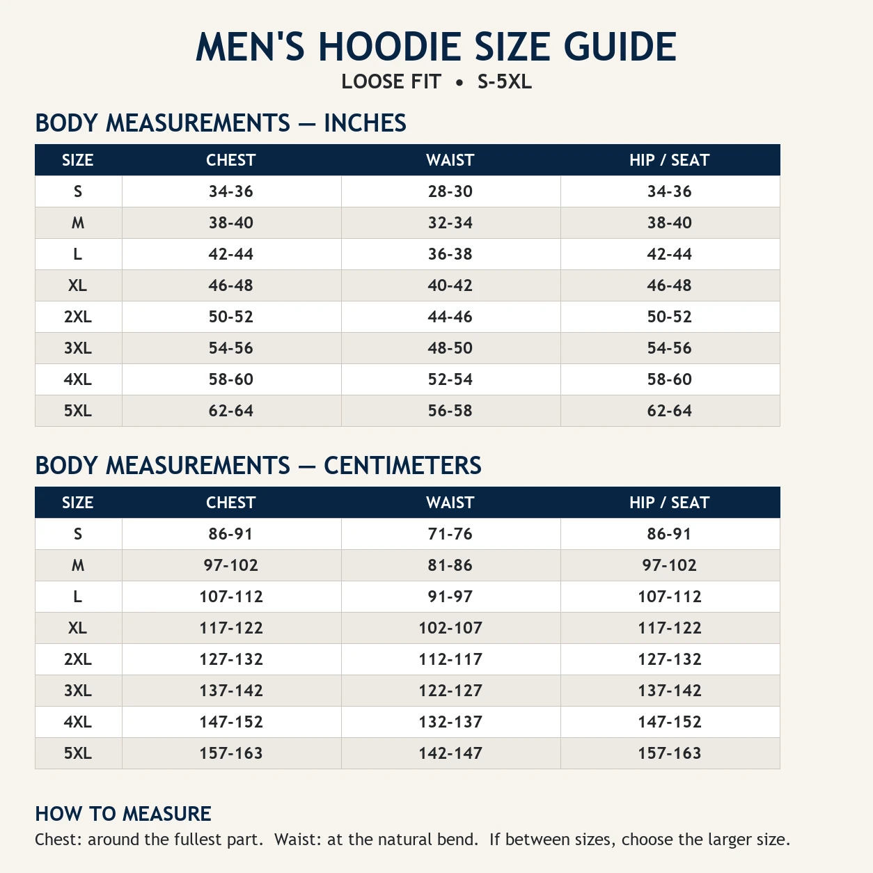 Men's loose-fit full-zip hoodie size guide S to 5XL