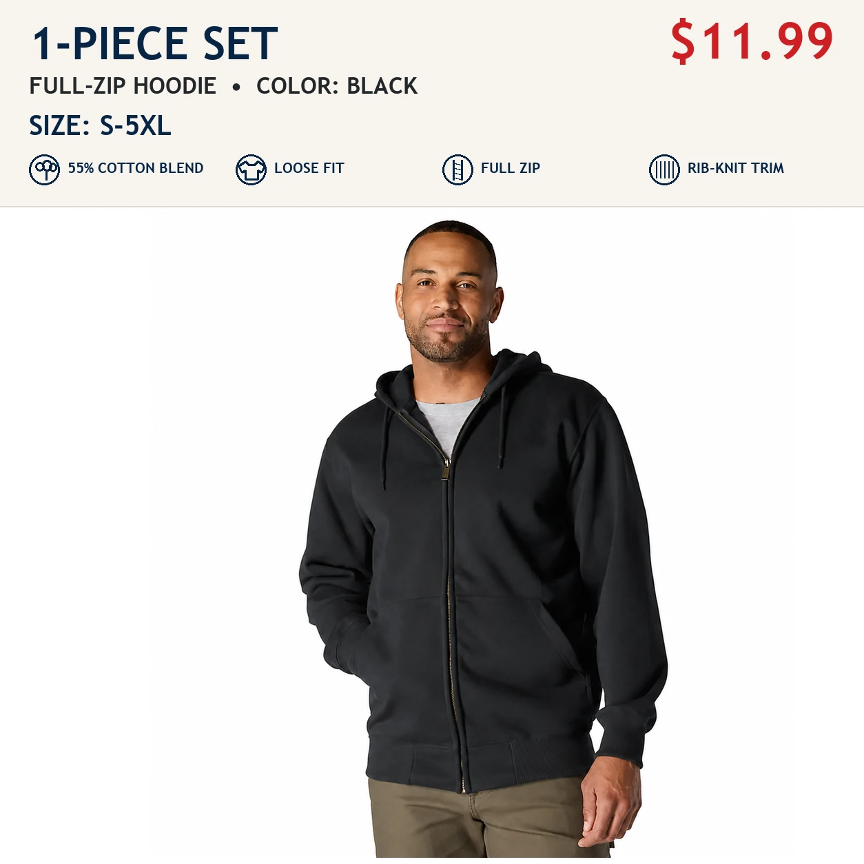 Black single men's loose-fit full-zip hoodie