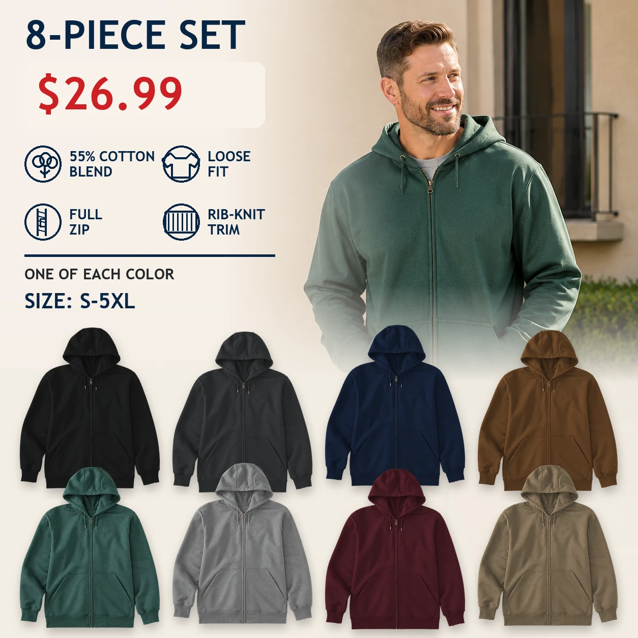 Eight-piece men's loose-fit full-zip hoodie set with one of each color