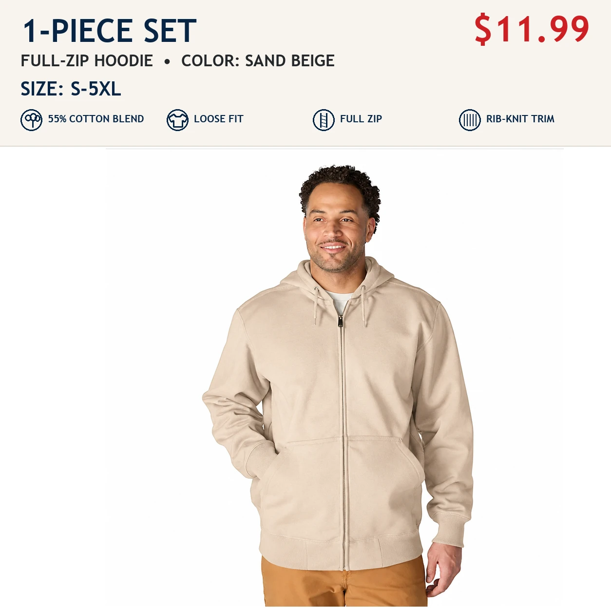 Sand Beige single men's loose-fit full-zip hoodie