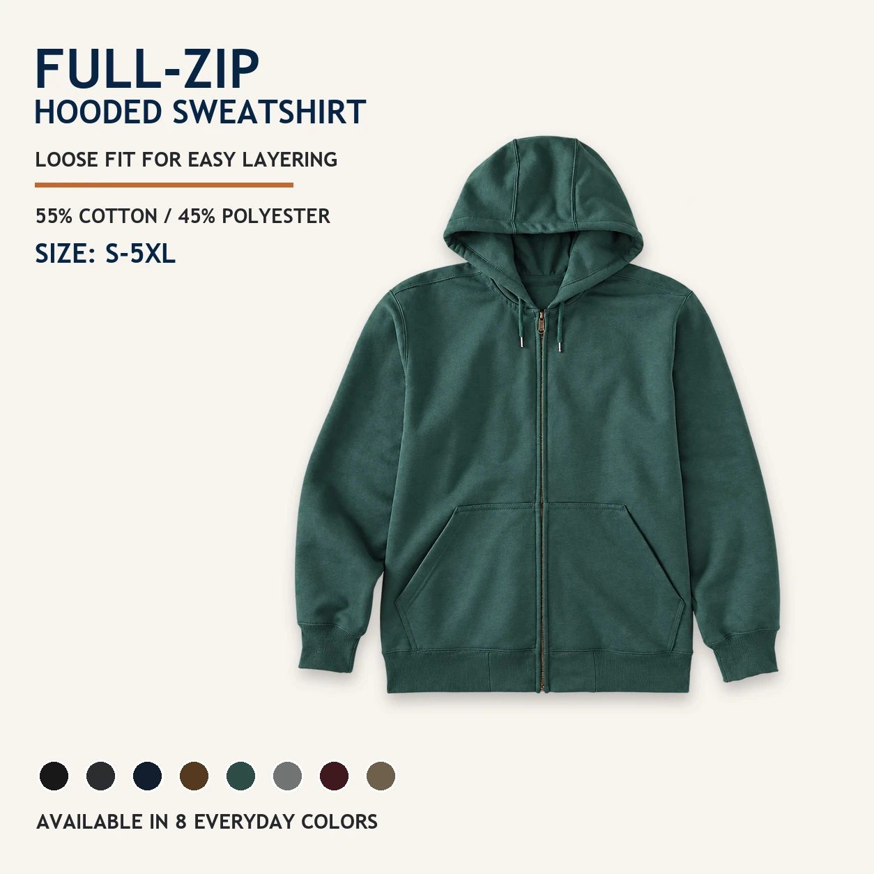 Men's loose-fit full-zip hooded sweatshirt product cover