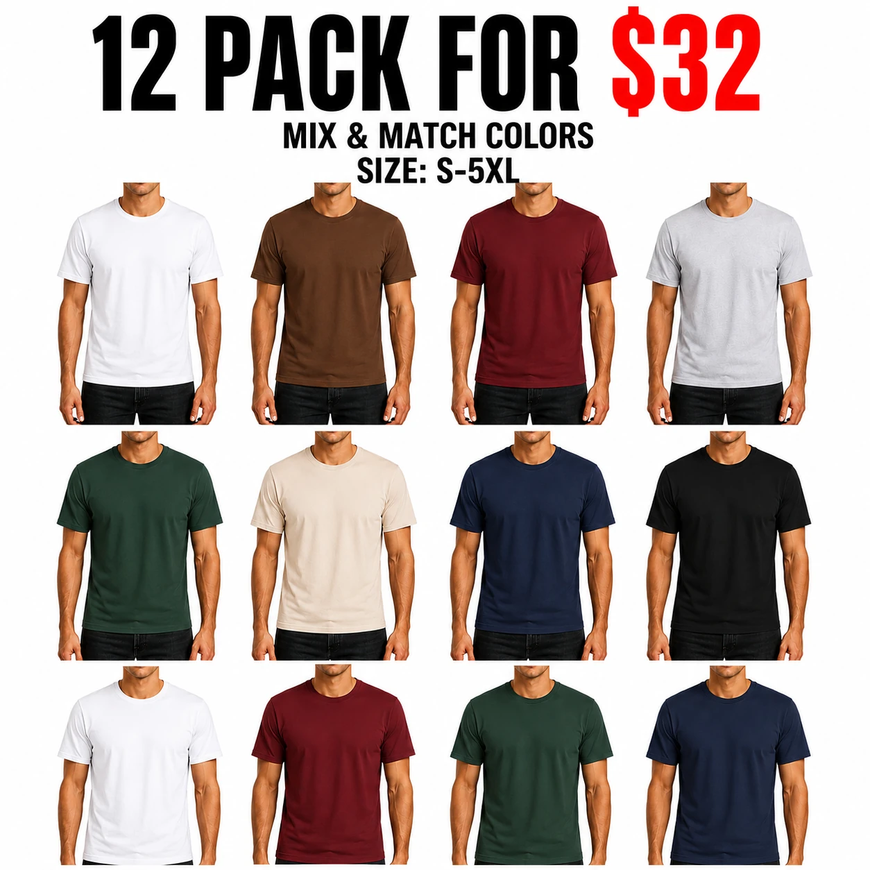 Mix and match twelve-pack, sizes S to 5XL, 32 dollars