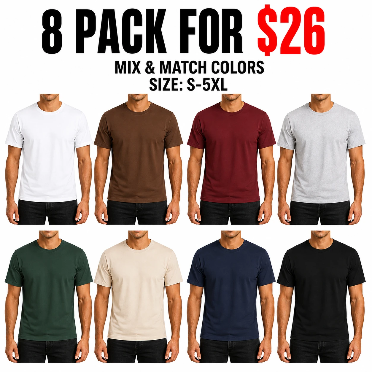 Mix and match eight-pack, sizes S to 5XL, 26 dollars