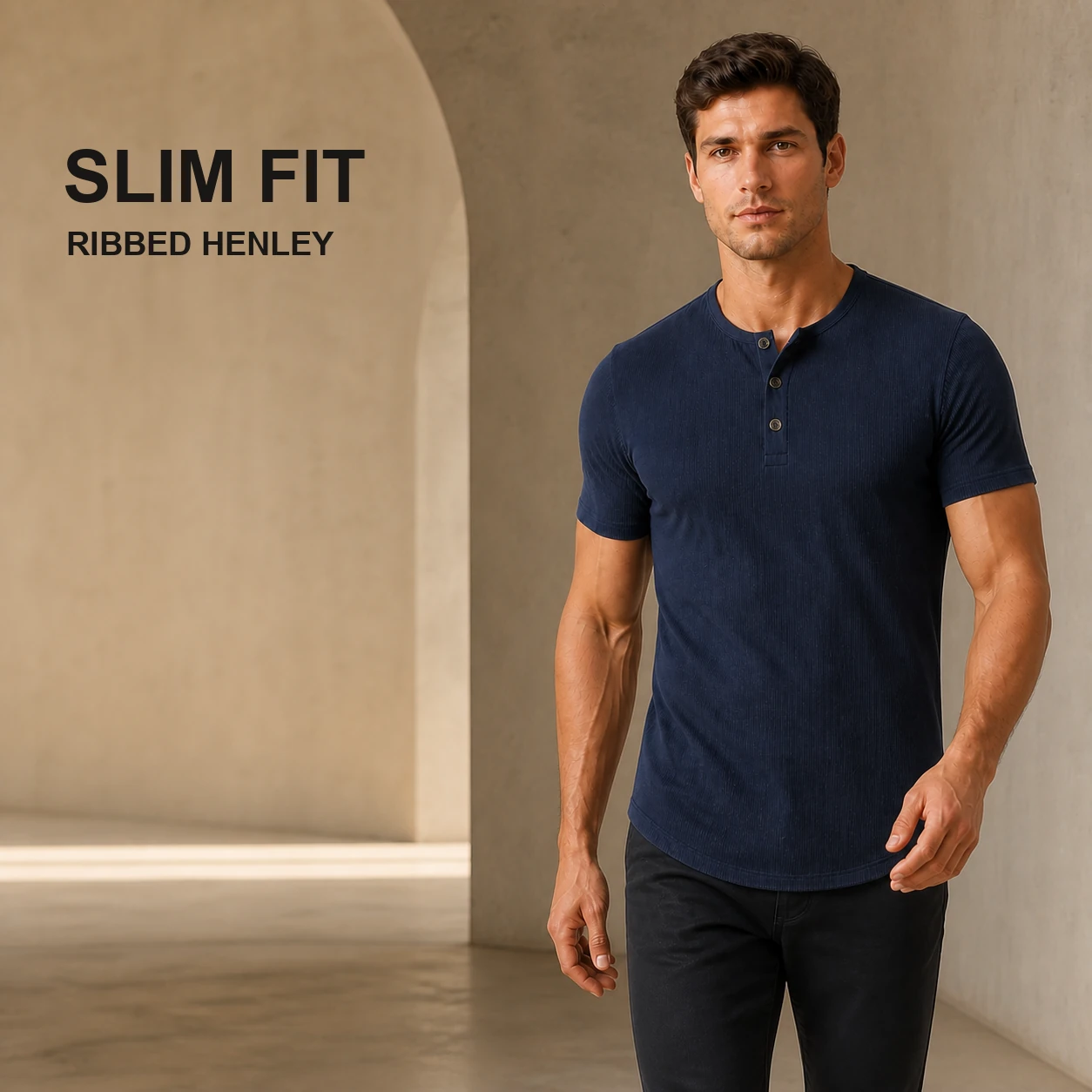 Slim fit ribbed Henley detail hero in Midnight Navy
