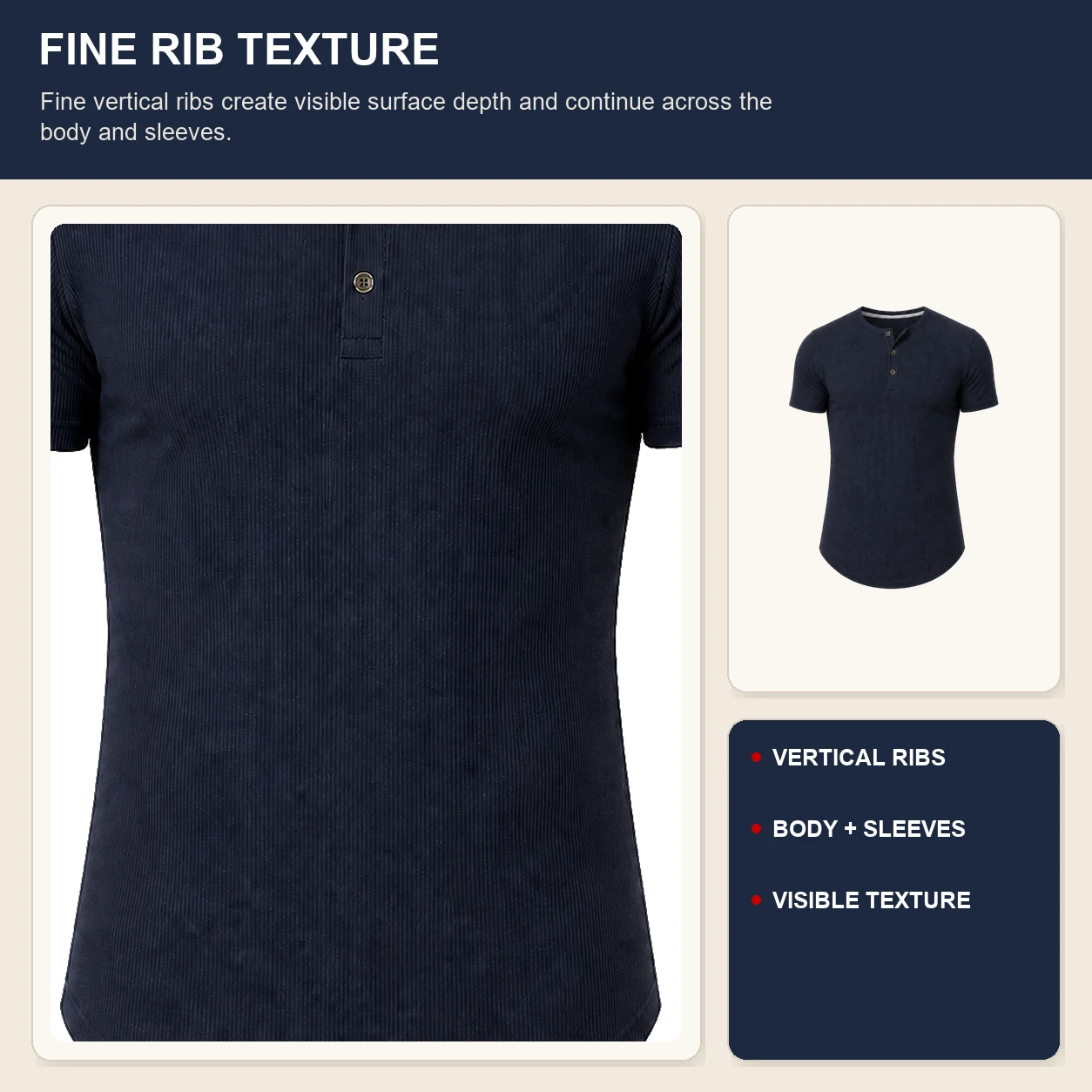 Fine vertical rib texture across the Henley body and sleeves
