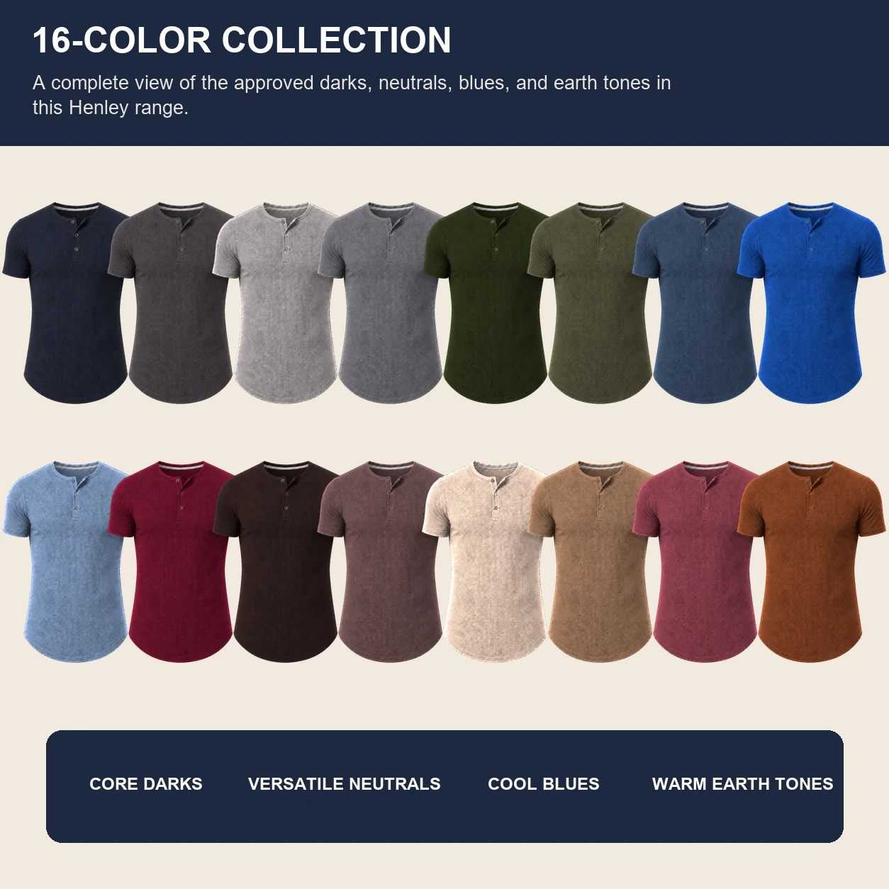 Two-row editorial overview of sixteen approved Henley colors