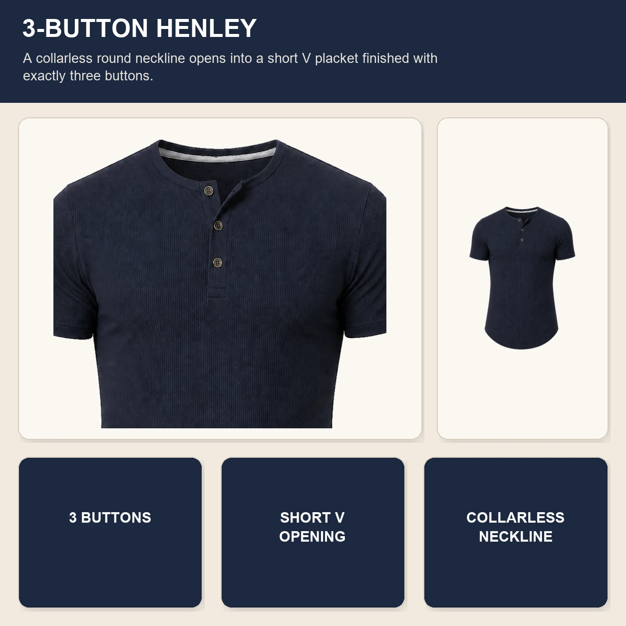 Three-button collarless Henley neckline and short V opening