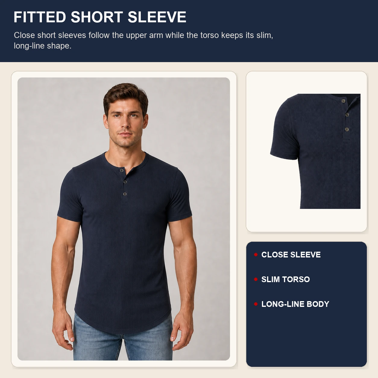 Fitted short sleeve with slim longline torso view