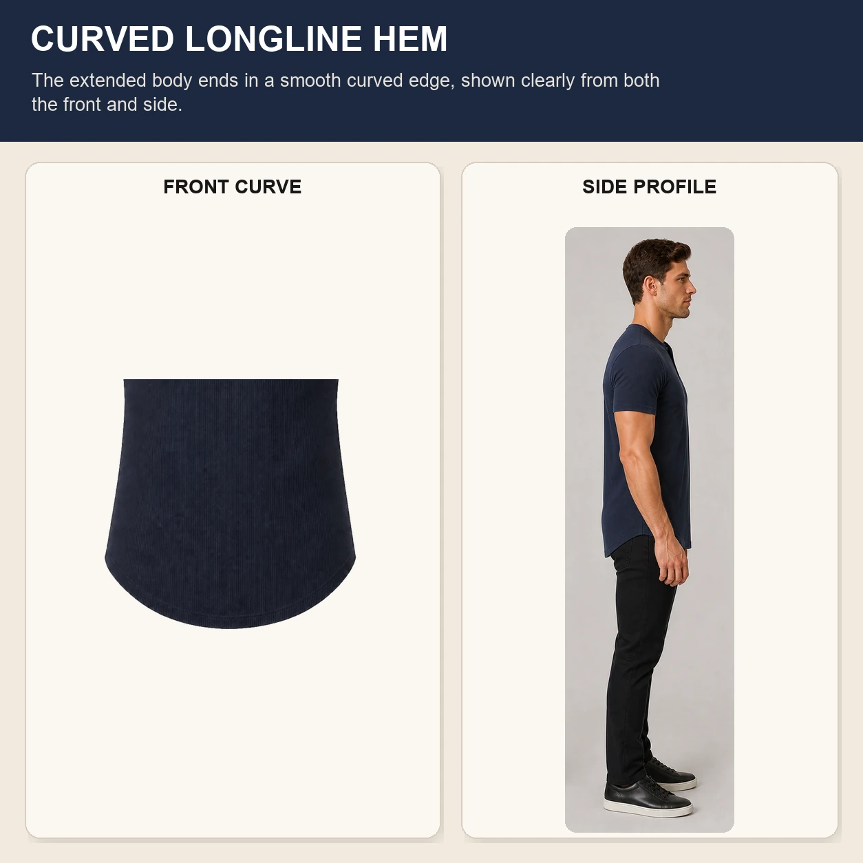 Curved longline hem shown from front and side
