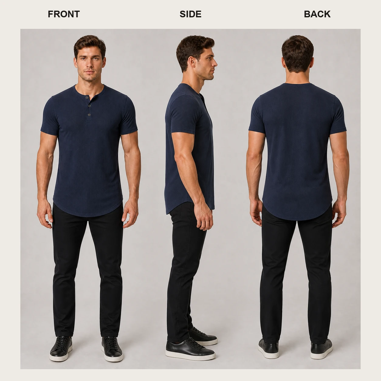 Front side and back full-body views of the Midnight Navy Henley