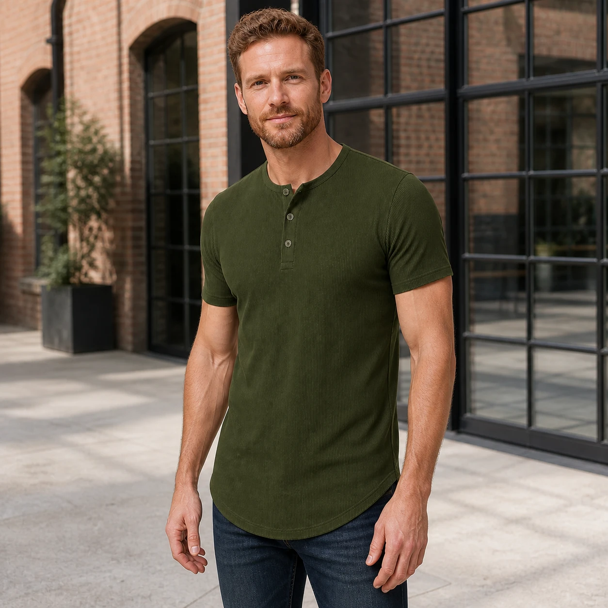 Deep Olive ribbed Henley in a brick warehouse courtyard
