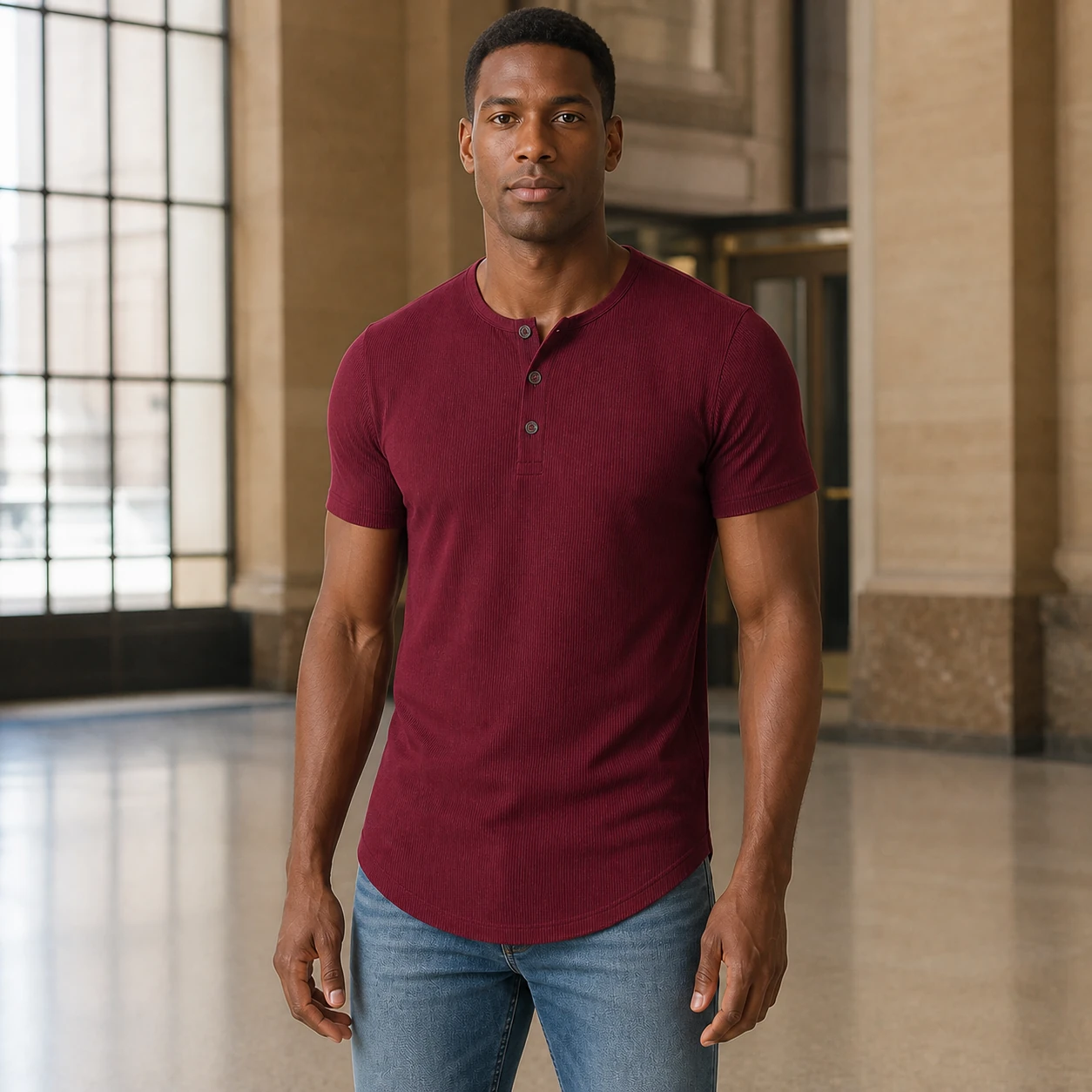 Burgundy ribbed Henley in a modern transit hall