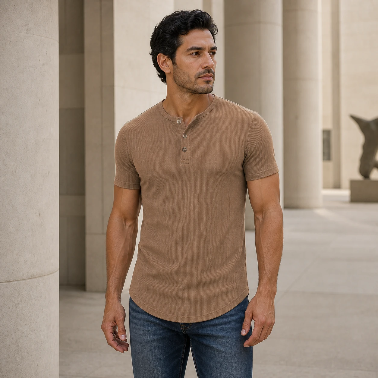Camel Tan ribbed Henley at a museum colonnade