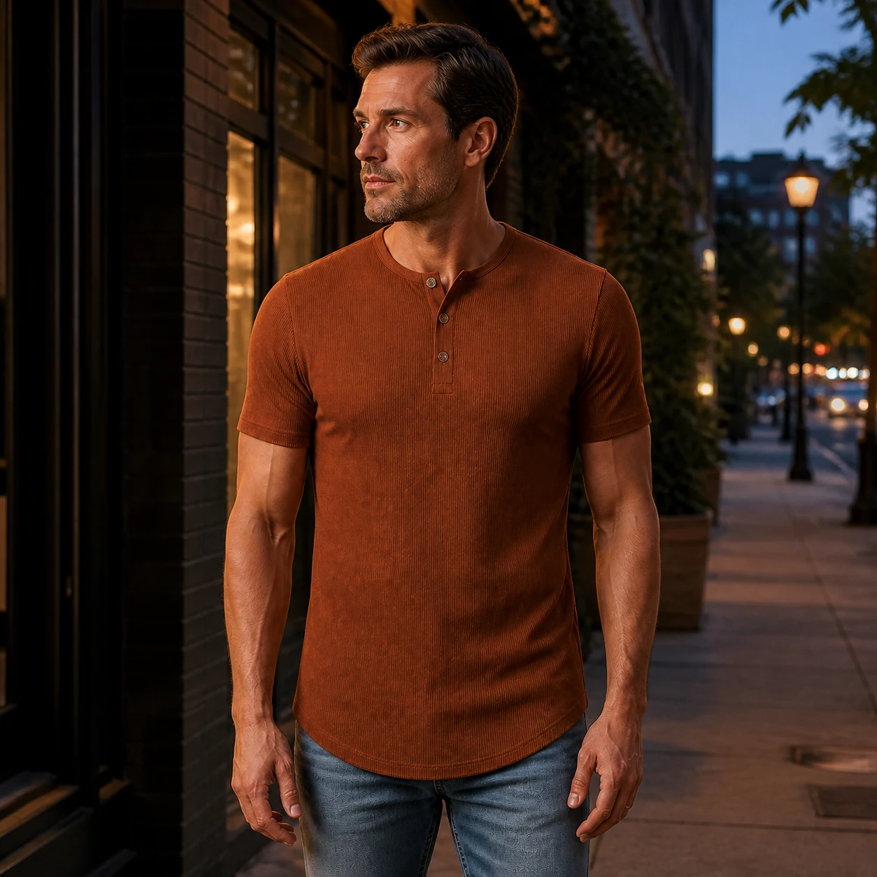 Rust Brown ribbed Henley on a city sidewalk at blue hour