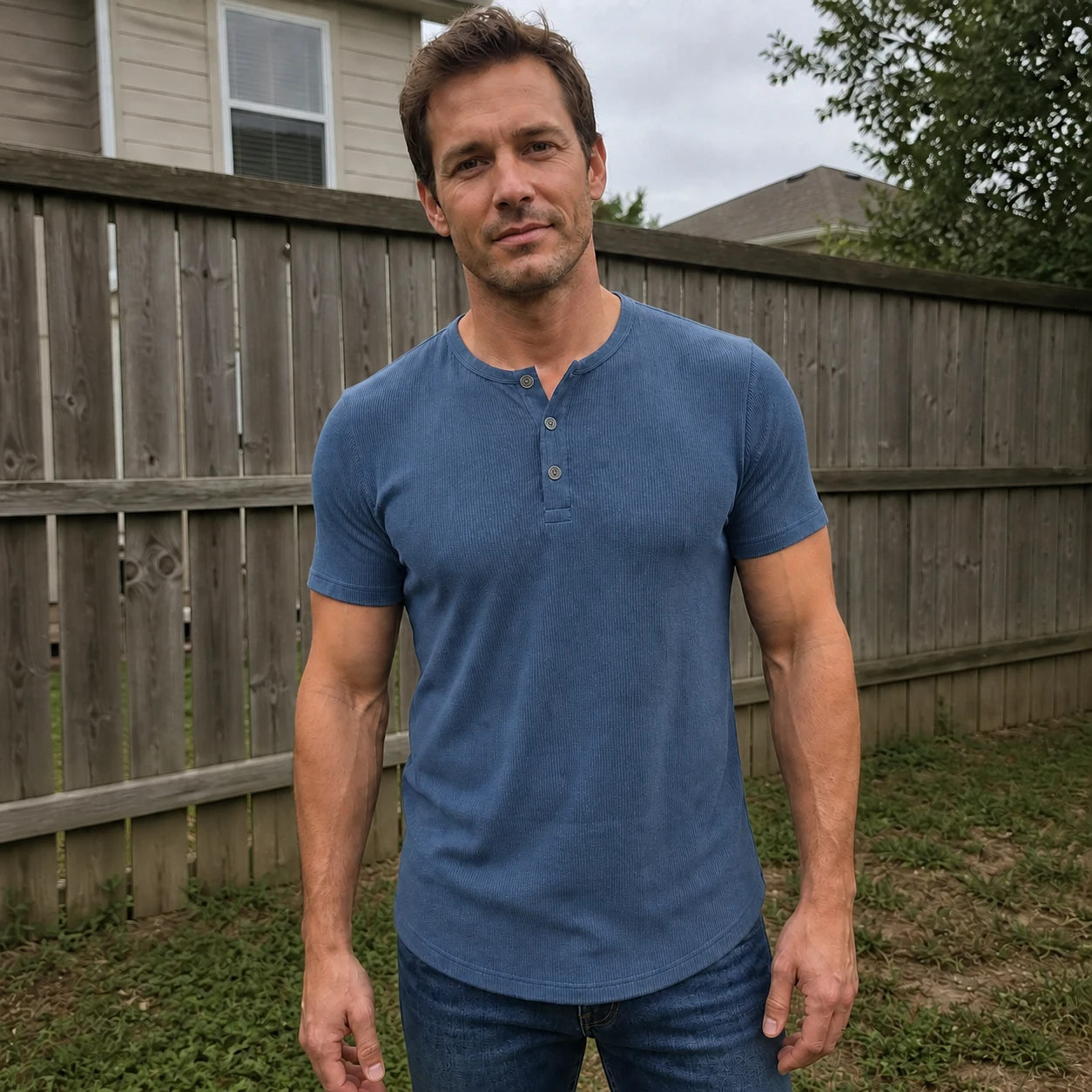 Casual phone snapshot of Slate Blue Henley in a backyard