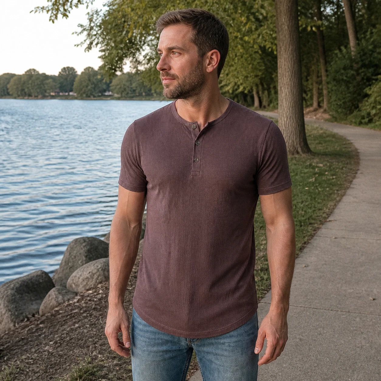 Taupe Henley casual lakeside phone snapshot
