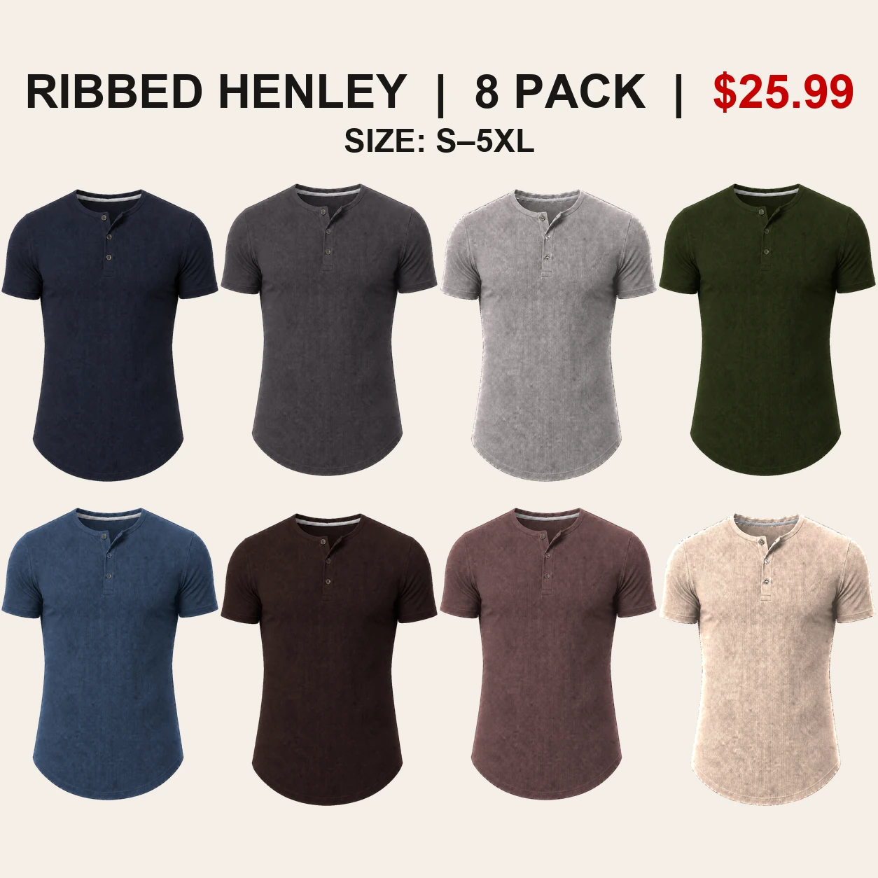Eight-pack Essential Neutrals slim fit ribbed Henley color mix