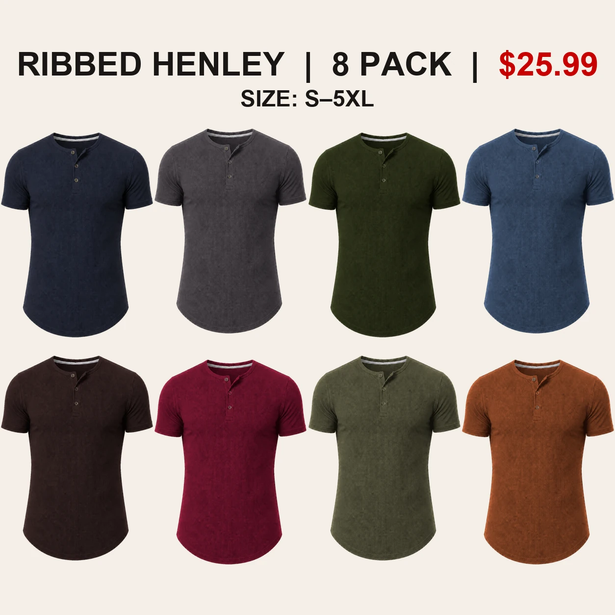 Eight-pack Dark Core slim fit ribbed Henley color mix