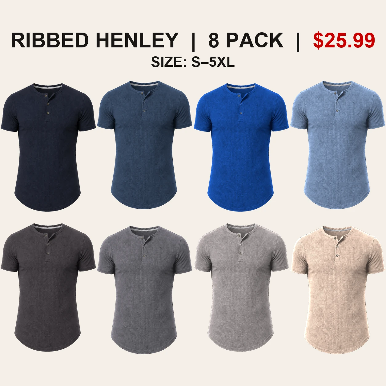 Eight-pack Blue and Gray slim fit ribbed Henley color mix
