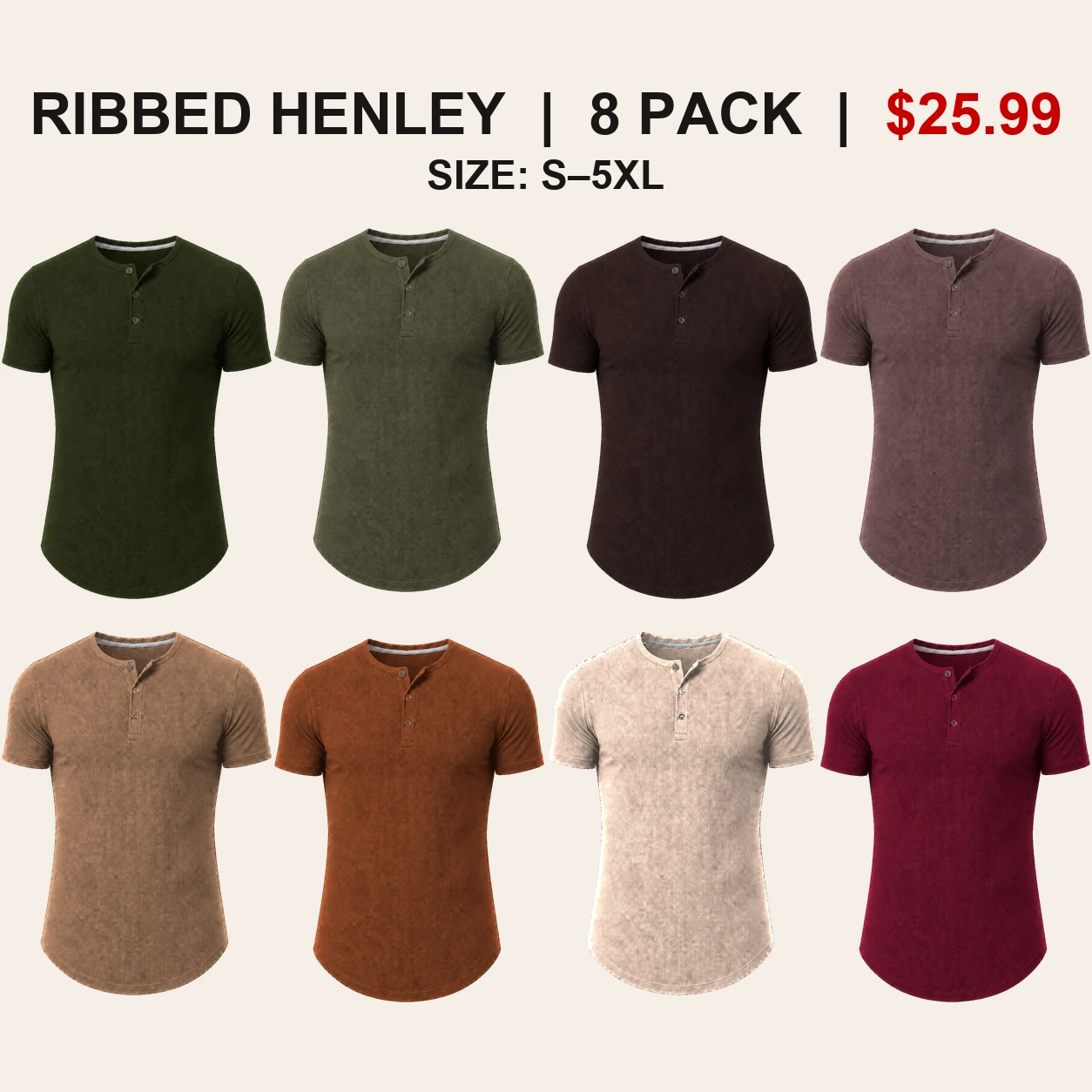 Eight-pack Earth Tones slim fit ribbed Henley color mix