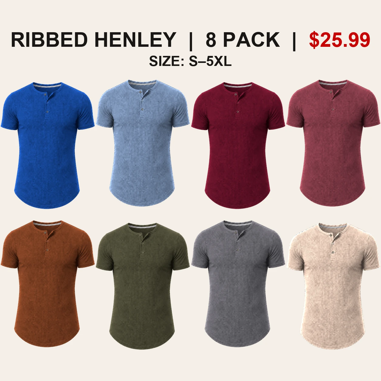 Eight-pack Modern Color Mix slim fit ribbed Henley color mix