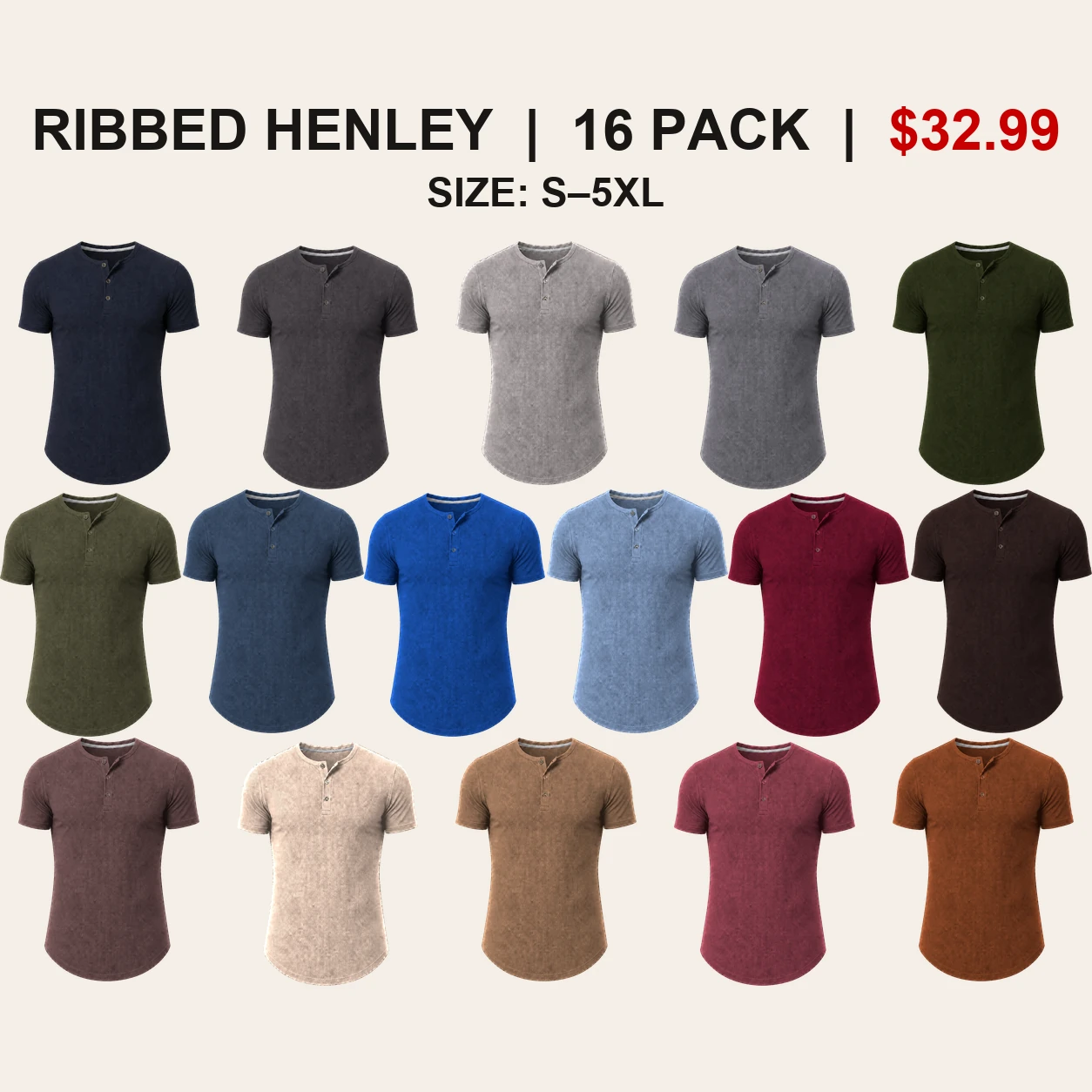 Sixteen-pack Complete Color Collection slim fit ribbed Henley mix